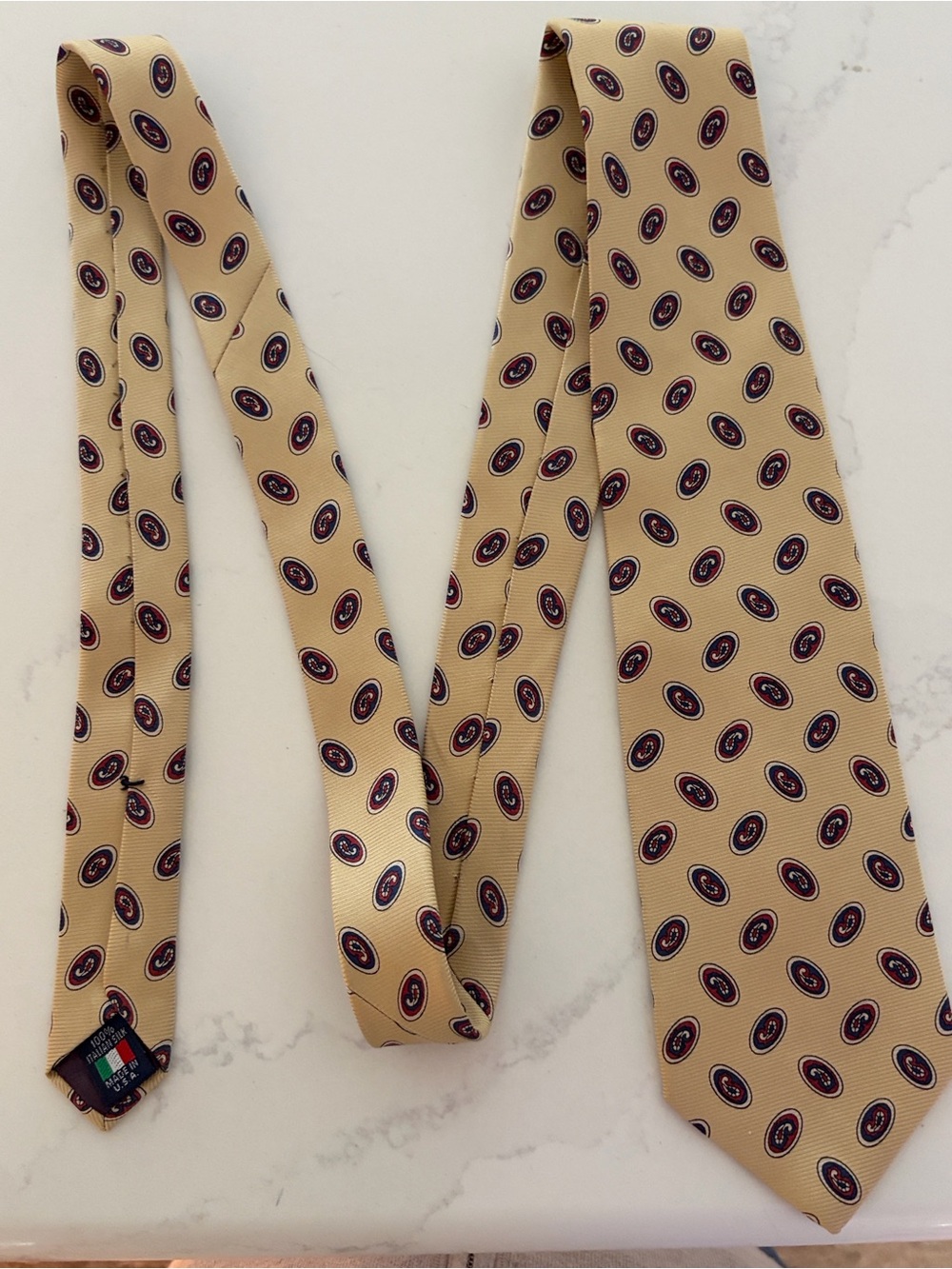 Austin Reed Beige Silk Tie with Navy and Burgundy Oval Motif